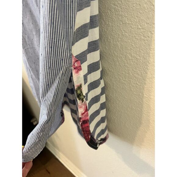 Vincente Tunic Top White Blue Sleeveless Floral Collar Hi Lo Hem Size Medium - Picture 12 of 16